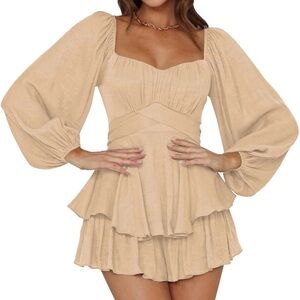 Beige Puff-Sleeve Tiered Mini short romper - Elegant Neutral Women’s